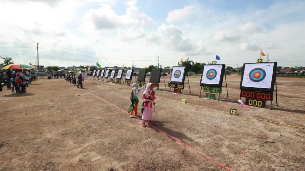 Archery targets lined up on an open field with scoreboards