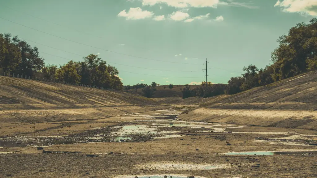 Mostly dry canal or riverbed with sparse vegetation