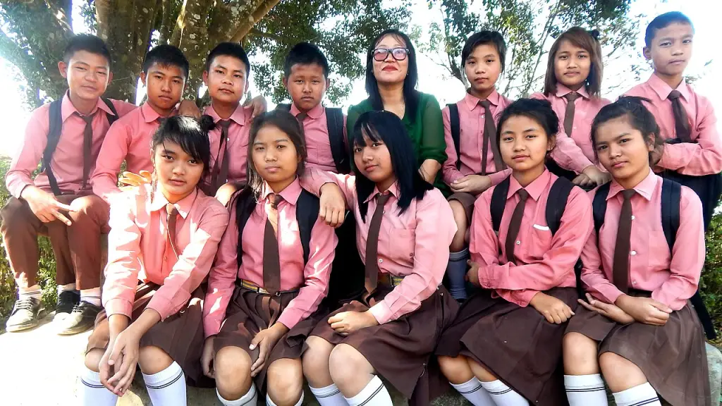 Indian school students with their teacher outdoors