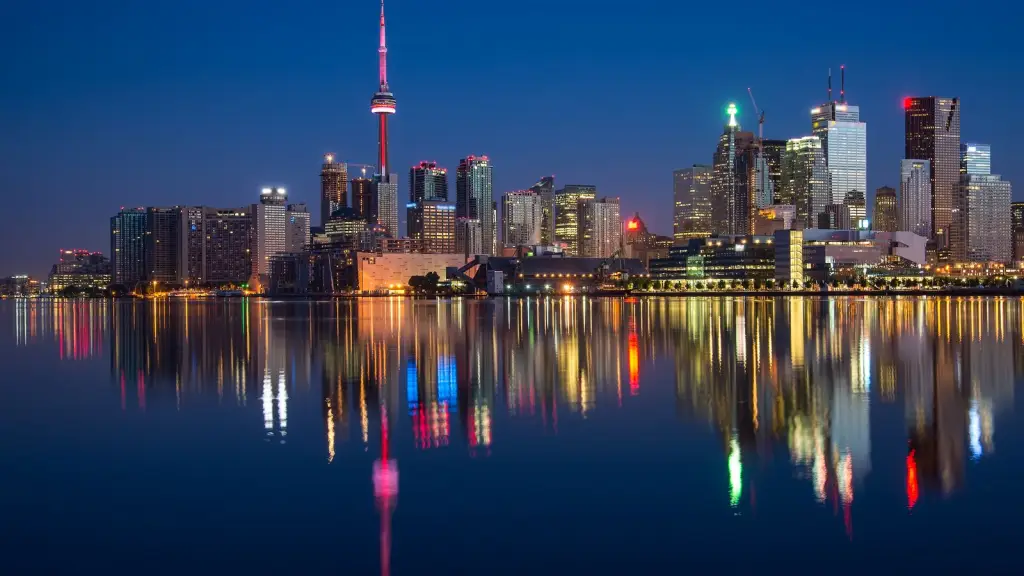 City skyline beside a wide river at dusk