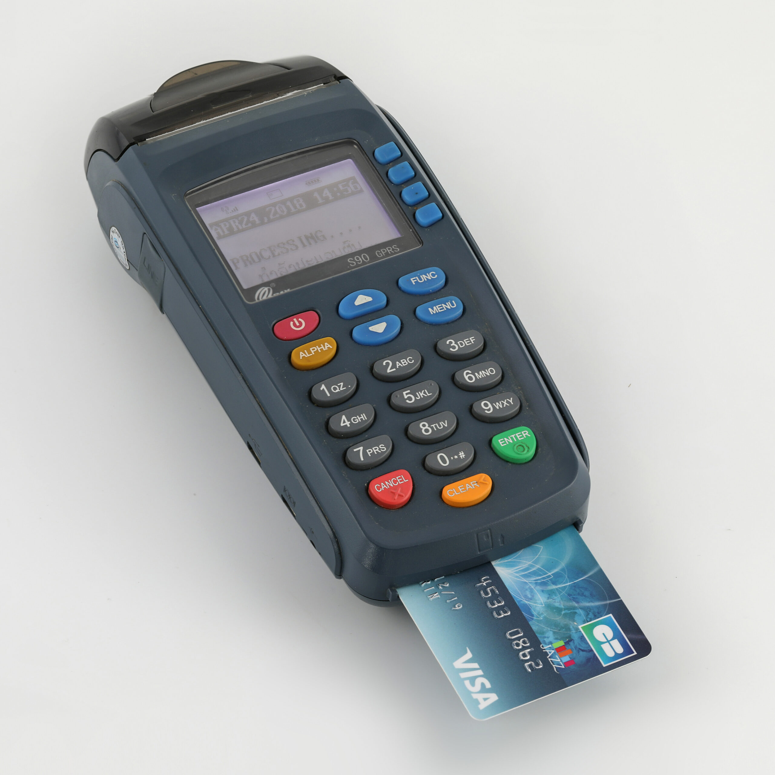 Credit card payment terminal at a counter