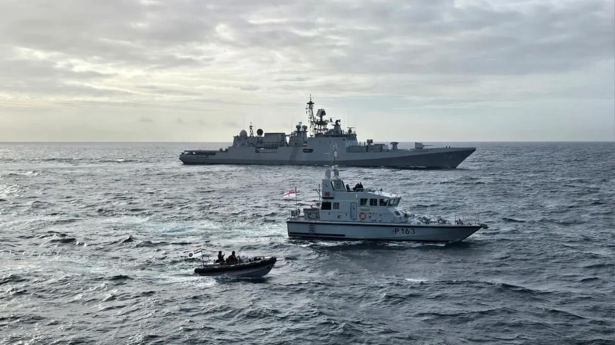 Exercise Konkan: INS Trishul at sea off Plymouth with a Royal Navy boat during the 2026 drill