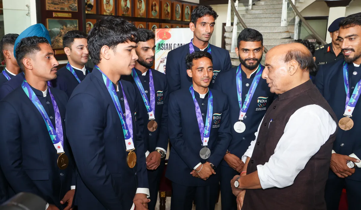 Services athletes: Rajnath Singh with Services medallists at the felicitation in New Delhi