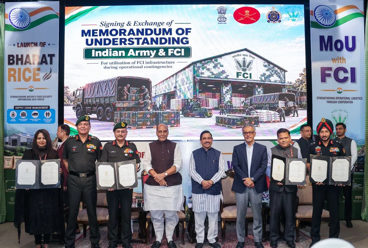 Bharat Rice: Officials hold up the signed Army-FCI memorandum of understanding at the launch in New Delhi