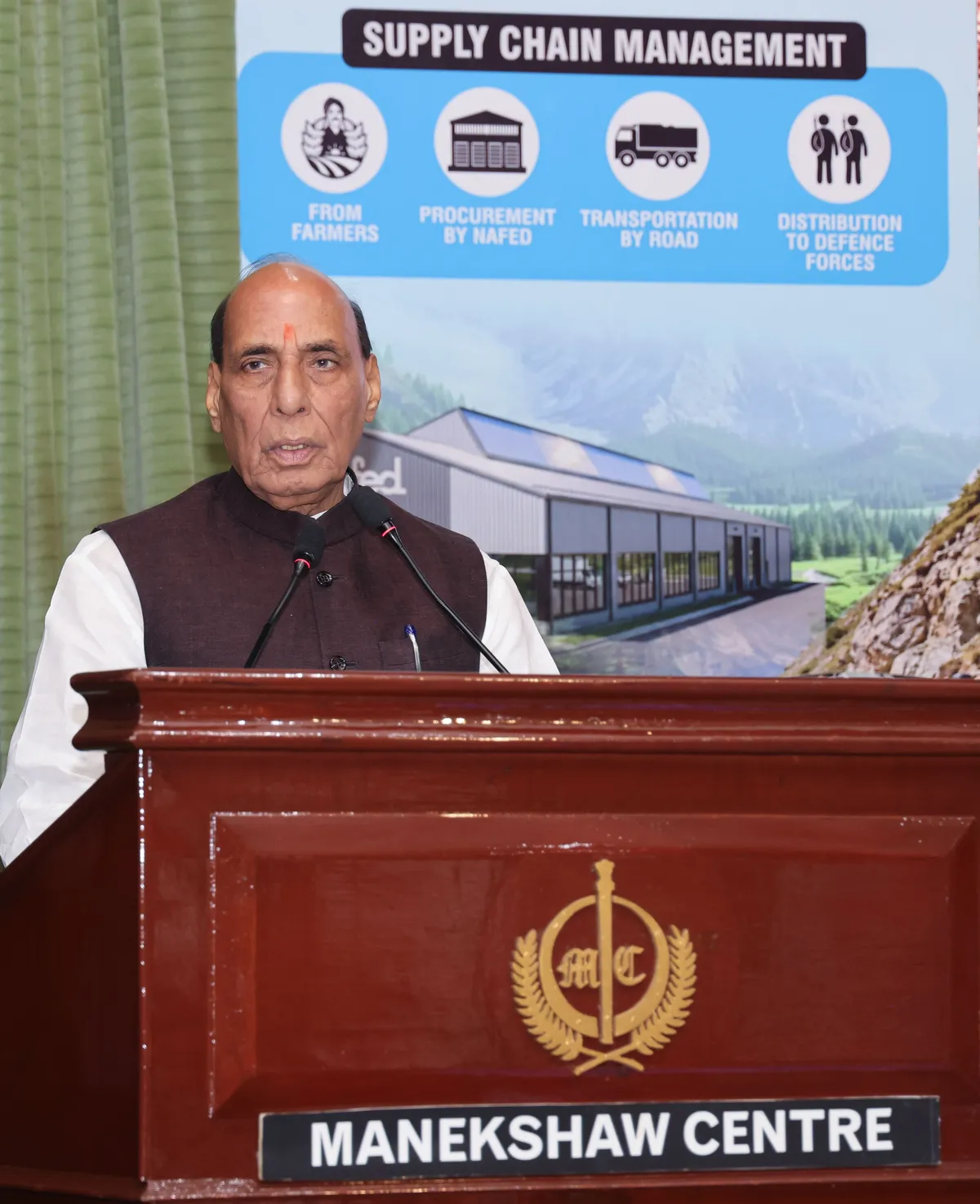 Rajnath Singh addresses the event at the Manekshaw Centre