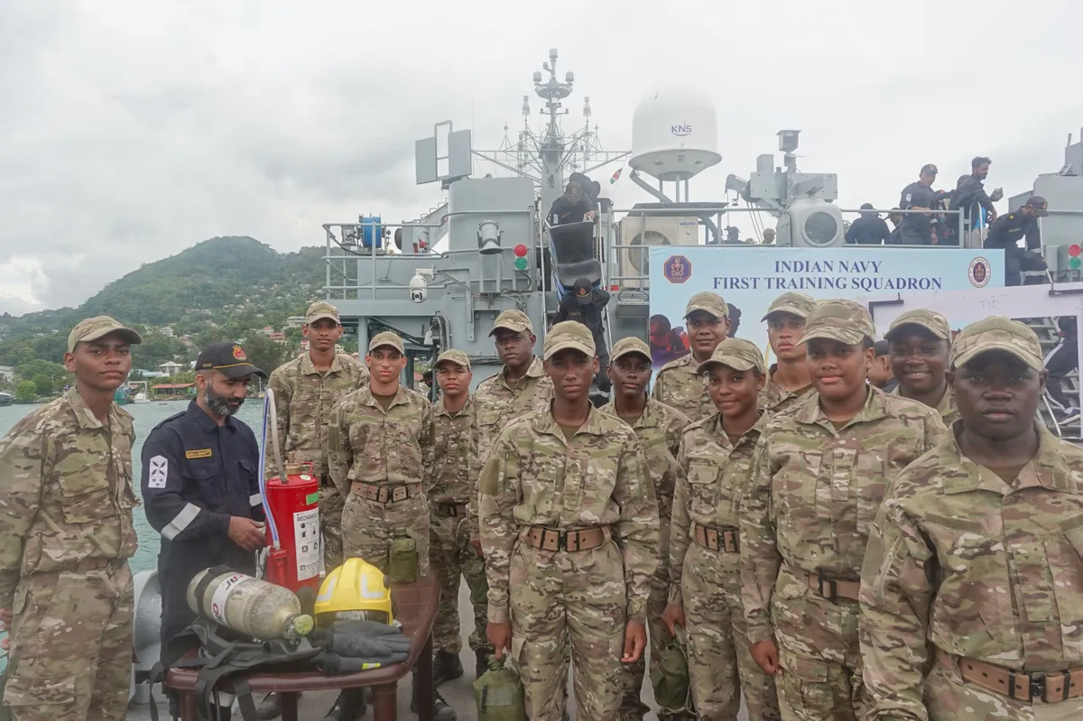 First Training Squadron: Indian Navy personnel with Seychelles Defence Force members during the Port Victoria port call
