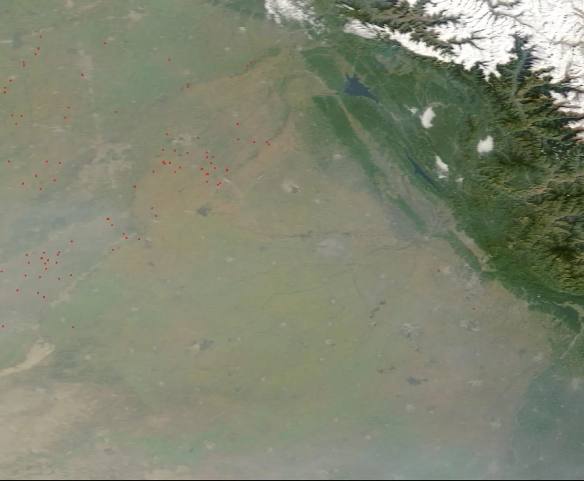 stubble burning: Satellite view of Punjab and Haryana on 17 October 2026, with red dots marking active fire detections
