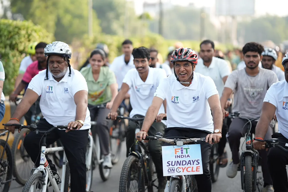 Fit India Sundays on Cycle: Cyclists at the Fit India Sundays on Cycle event in Varanasi.