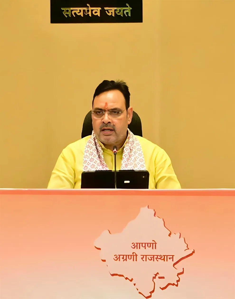 Bhajanlal Sharma addresses the media in Jaipur
