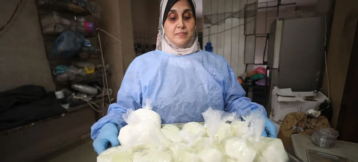 Gaza women entrepreneurs: Hanaa with a tray of hand-made local cheese in Gaza.