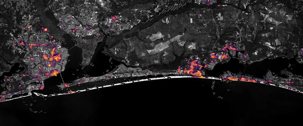 Hurricane Isaias: Night lights along the Florida Panhandle coast on 11 October 2026, after Hurricane Isaias