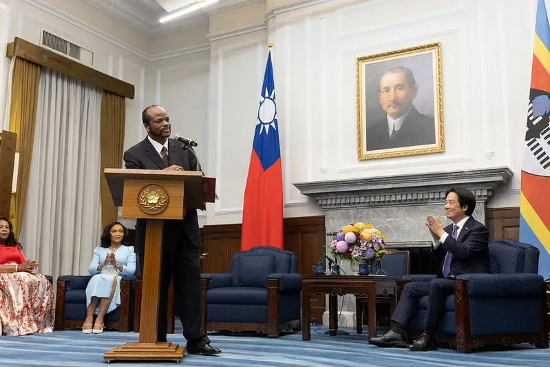 Taiwan Eswatini agreement: King Mswati III speaks at the Presidential Office in Taipei.