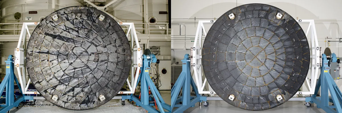 Artemis II heat shield: The Artemis I (left) and Artemis II (right) Orion heat shields after removal from their crew modules