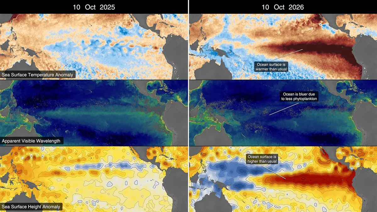 El Nino 2026: NASA satellite data maps comparing the Pacific Ocean in 2025 and 2026