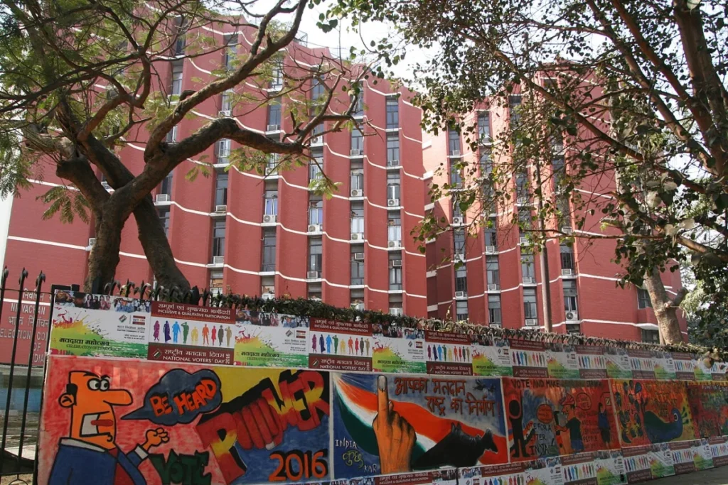 Posters outside the Election Commission of India office in New Delhi