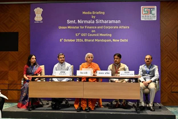 GST Council meeting: Finance Minister Nirmala Sitharaman and senior officials at the media briefing after the 57th meeting at Bharat Mandapam, New Delhi