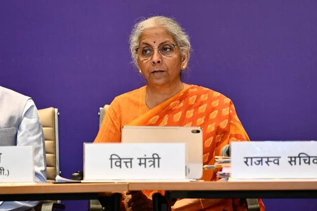 Finance Minister Nirmala Sitharaman speaking at the media briefing after the 57th GST Council meeting in New Delhi on 8 October 2026